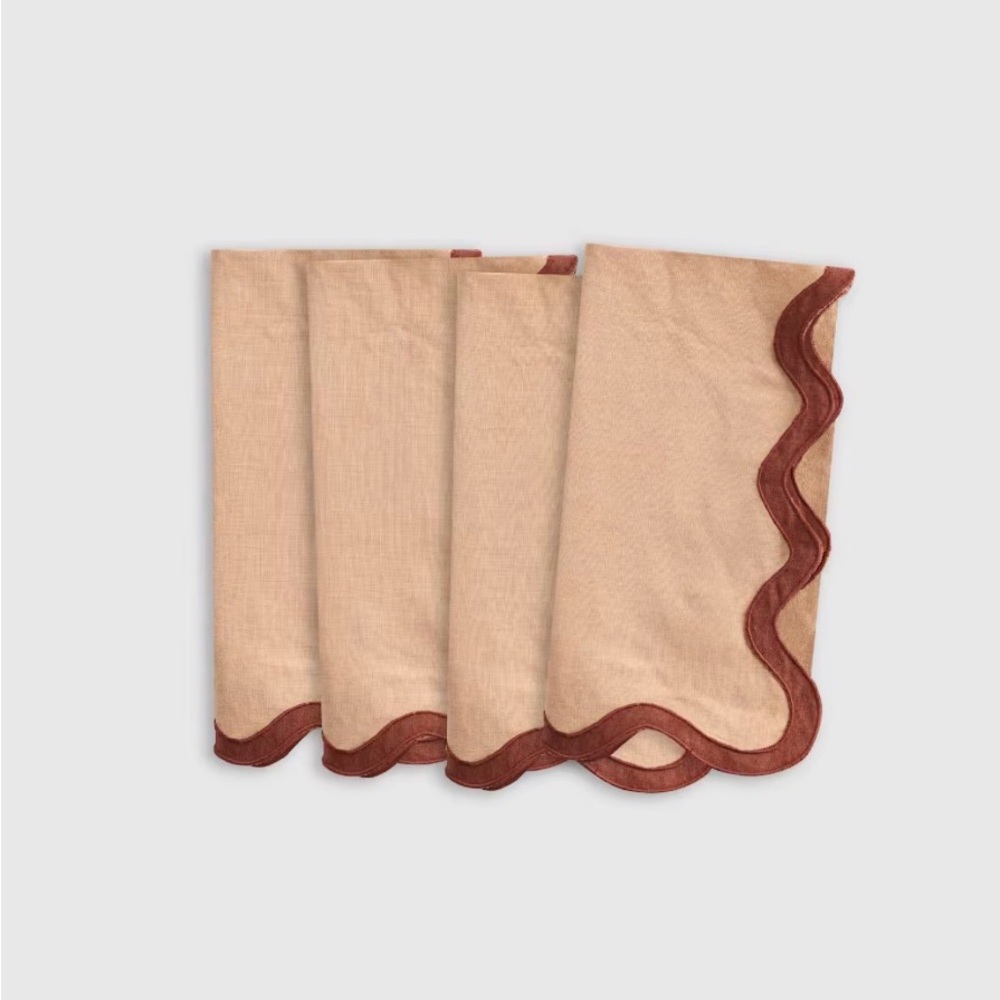 Set of 18 - Quince Scalloped Edge Linen Napkins with Bordeaux/ Desert Sunset